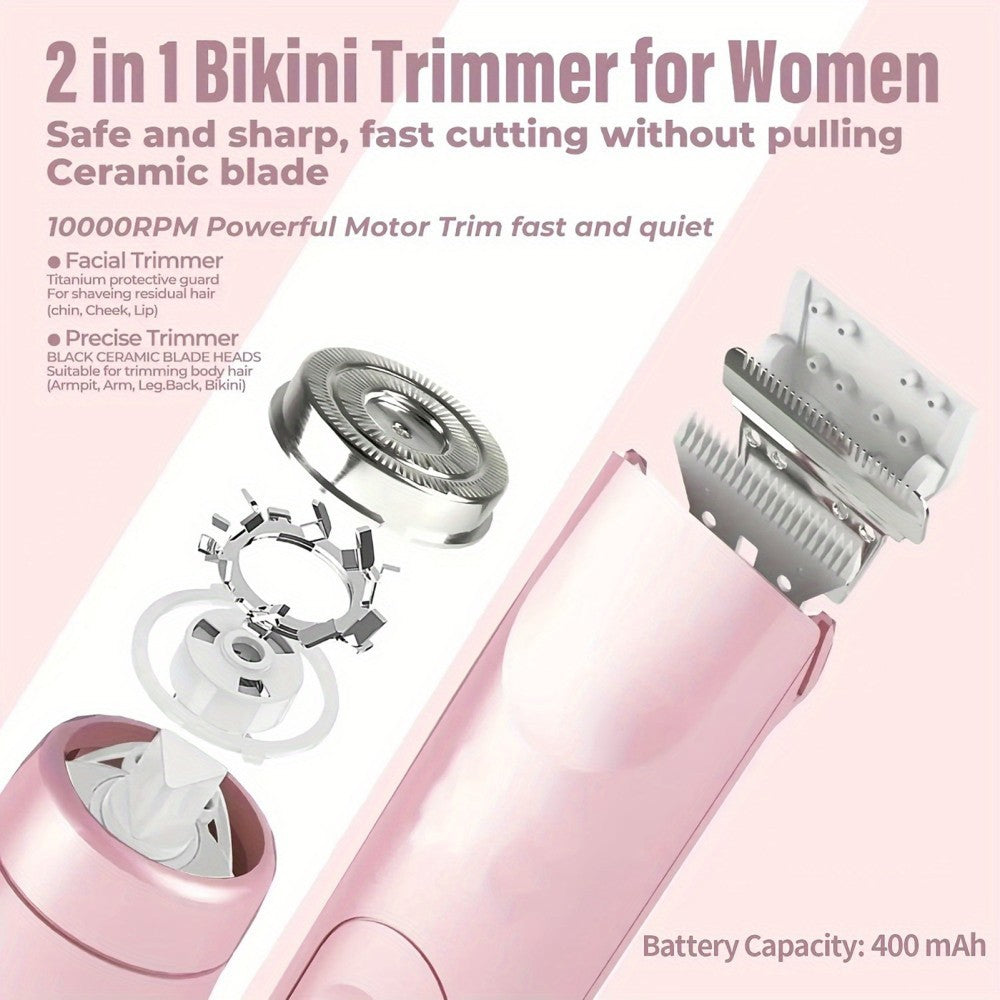 Painless Bikini Trimmer for Women 2-In-1 Electric Shaver for Sensitive Skin IPX7